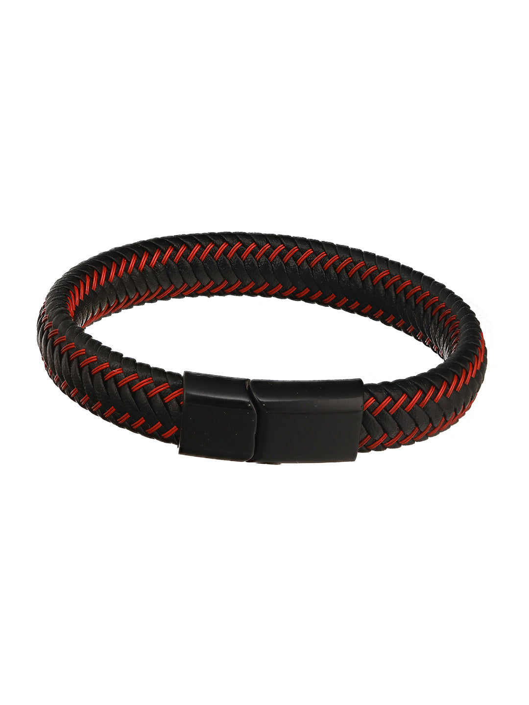 Men Black & Red Leather Wraparound Bracelet - Jazzandsizzle