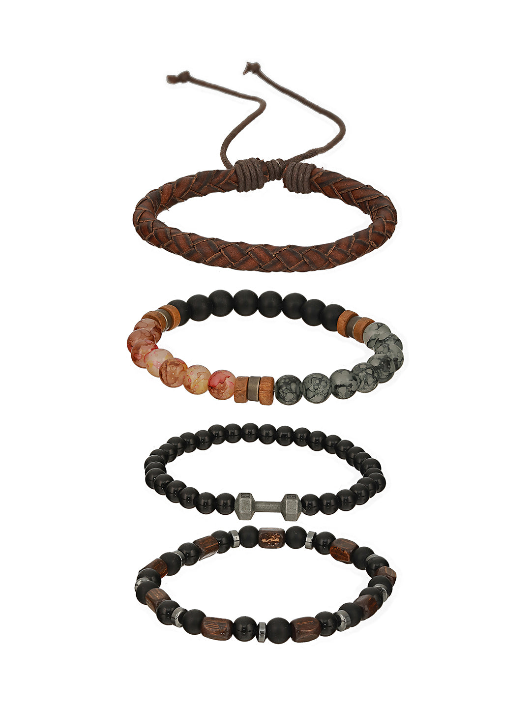 Men Pack Of 4 Black & Brown Beads Elasticated Bracelet