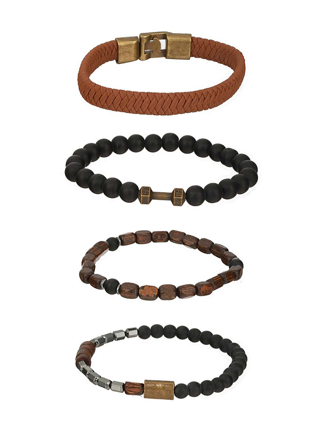 Men Pack of 4 Brown & Black Beads Elasticated & Handcrafted Bracelet - Jazzandsizzle