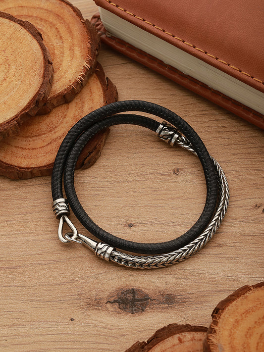 Men Silver Toned Black Wraparound Bracelet - Jazzandsizzle