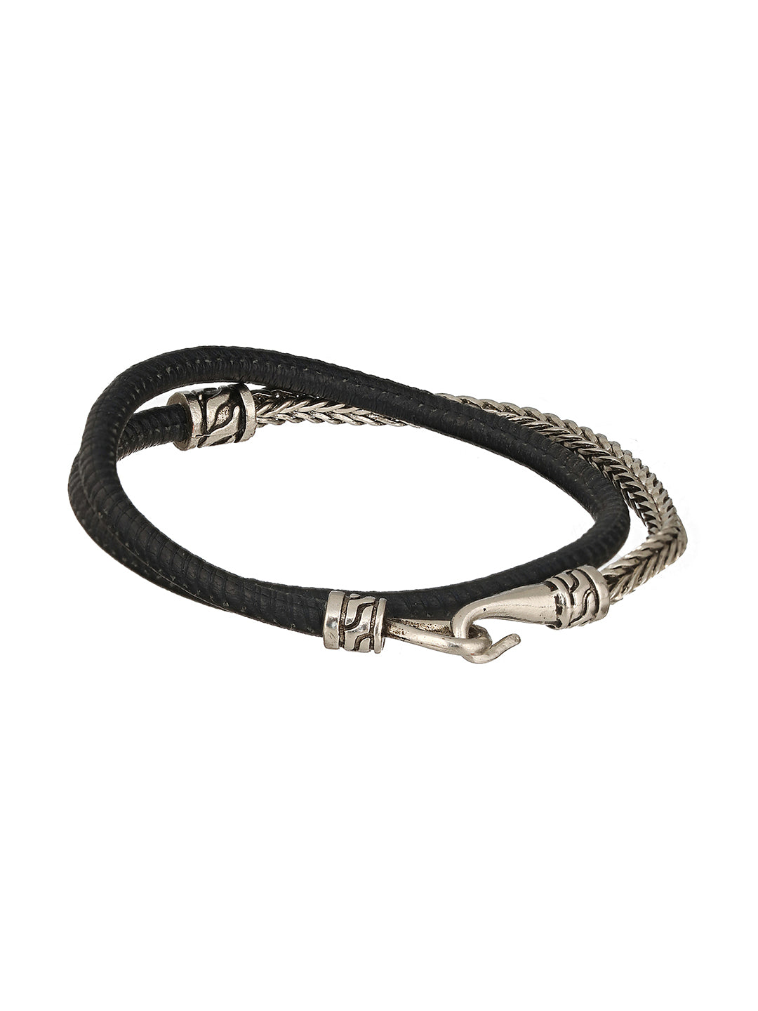 Men Silver Toned Black Wraparound Bracelet - Jazzandsizzle