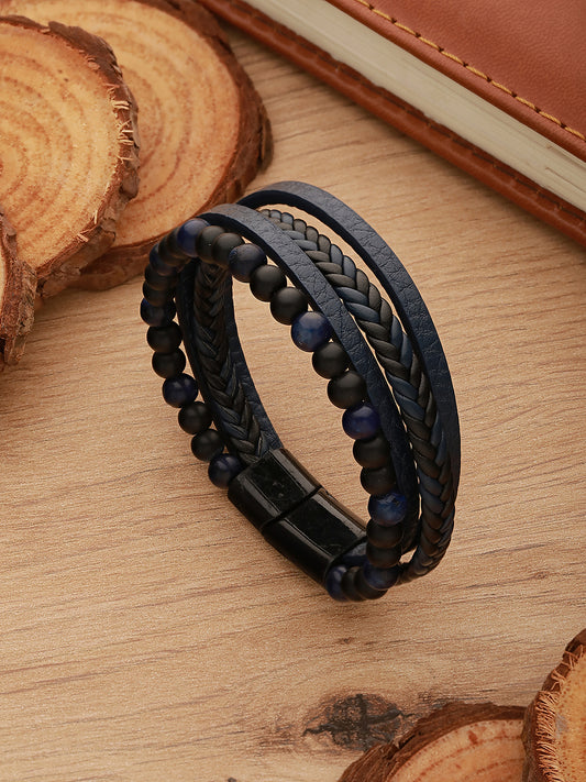 Men Blue & Black Leather Wraparound Bracelet - Jazzandsizzle