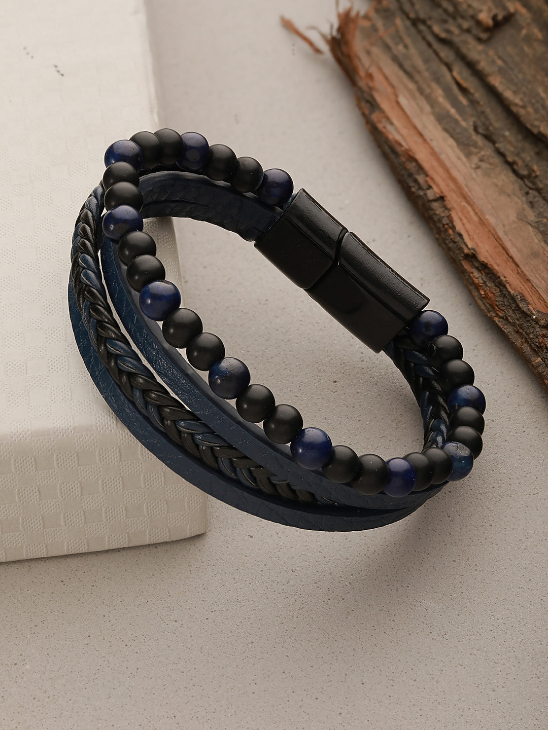 Men Blue & Black Leather Wraparound Bracelet - Jazzandsizzle