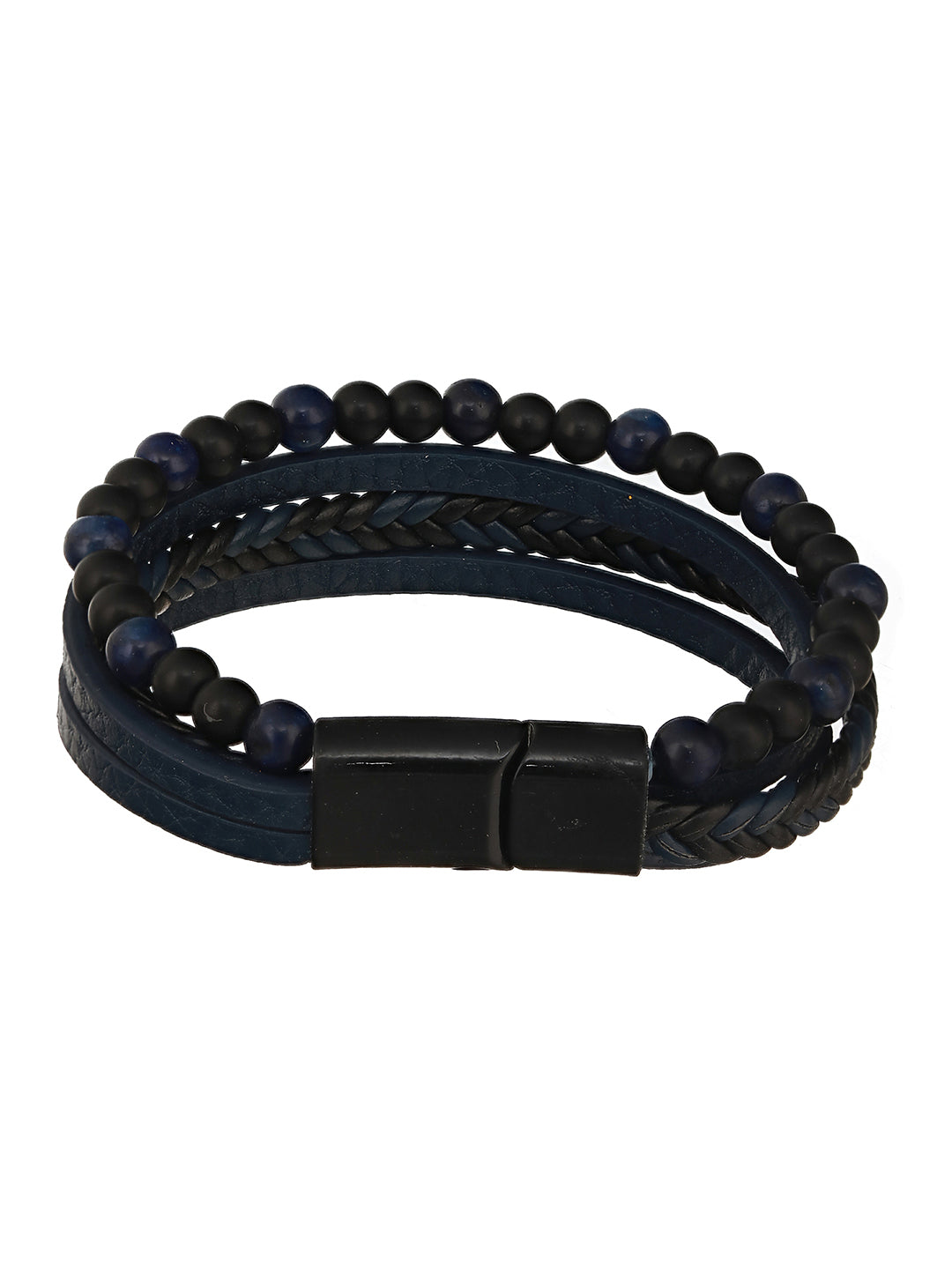 Men Blue & Black Leather Wraparound Bracelet