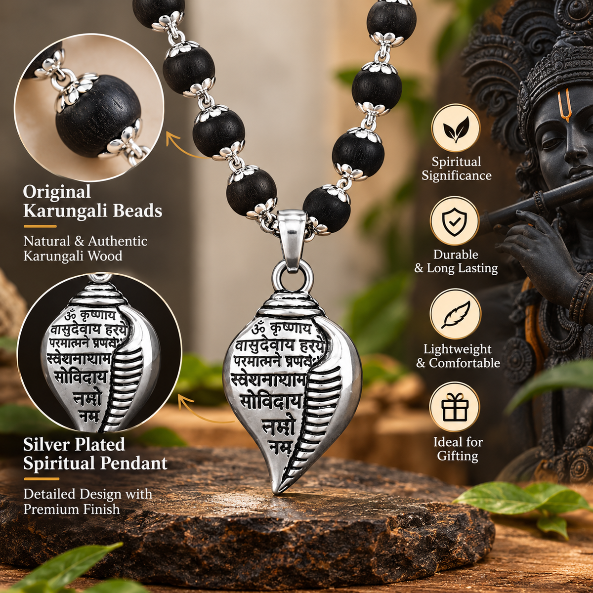 Original Karungali Mala with Silver Plated Shankh Mantra Pendan- JS-SNL-036