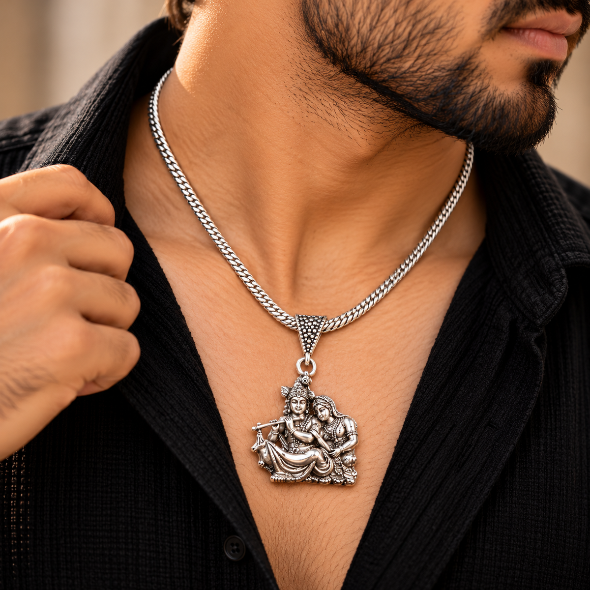Antique Silver-Toned Brass Radha Krishna Pendant Chain-JS-SNL-021