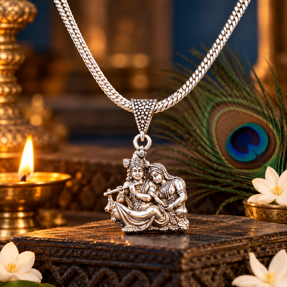 Antique Silver-Toned Brass Radha Krishna Pendant Chain-JS-SNL-021