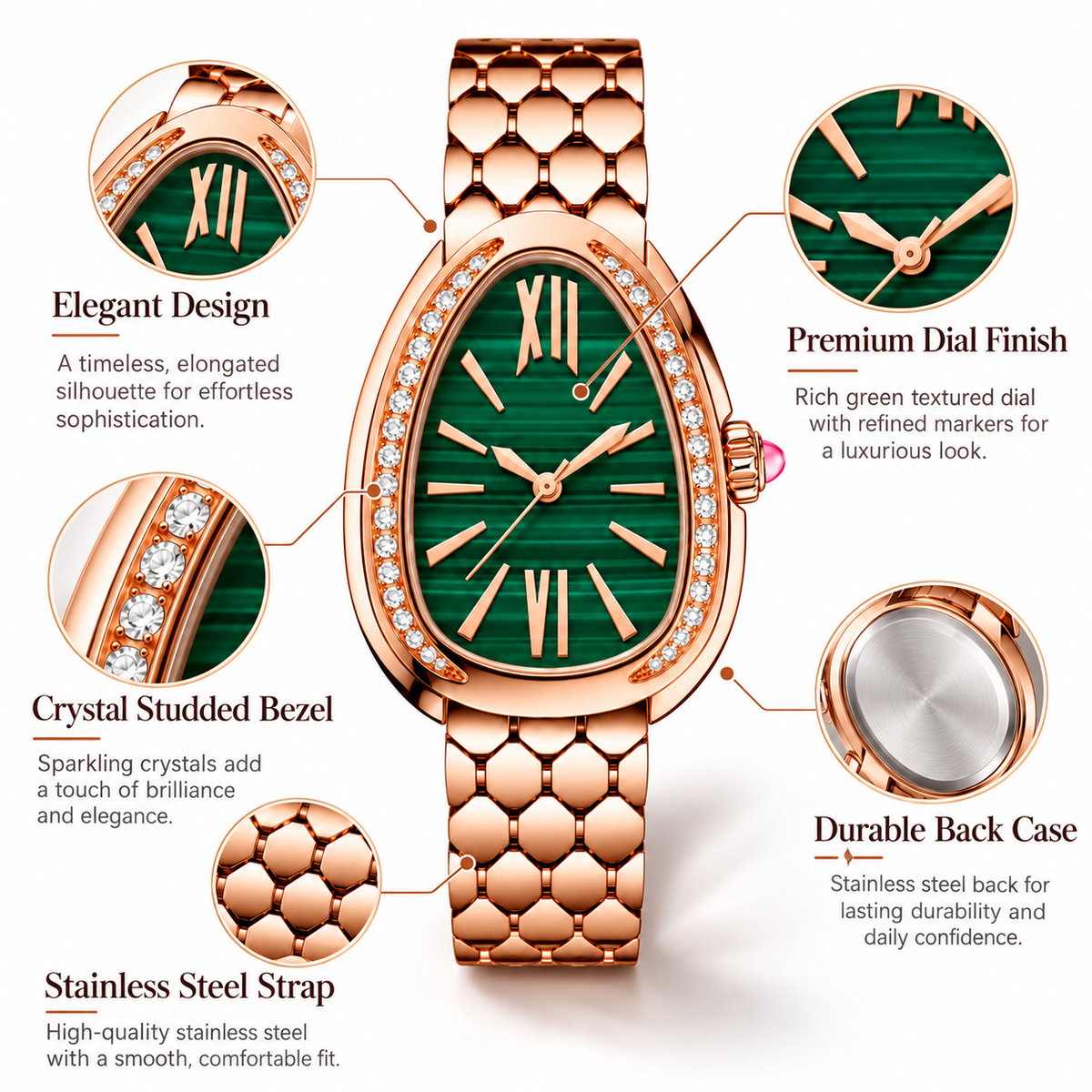 Rose Gold Stainless Steel Green Dial Analog Watch for Women WJ-JS26-LD049