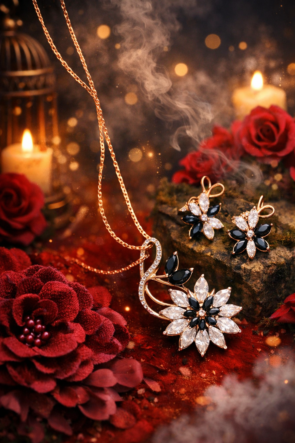 Black American Diamond Rose Gold Pendant & Earring Set