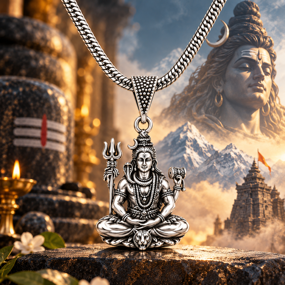 Antique Silver-Plated Lord Shiva Pendant Chain-JS-SNL-023