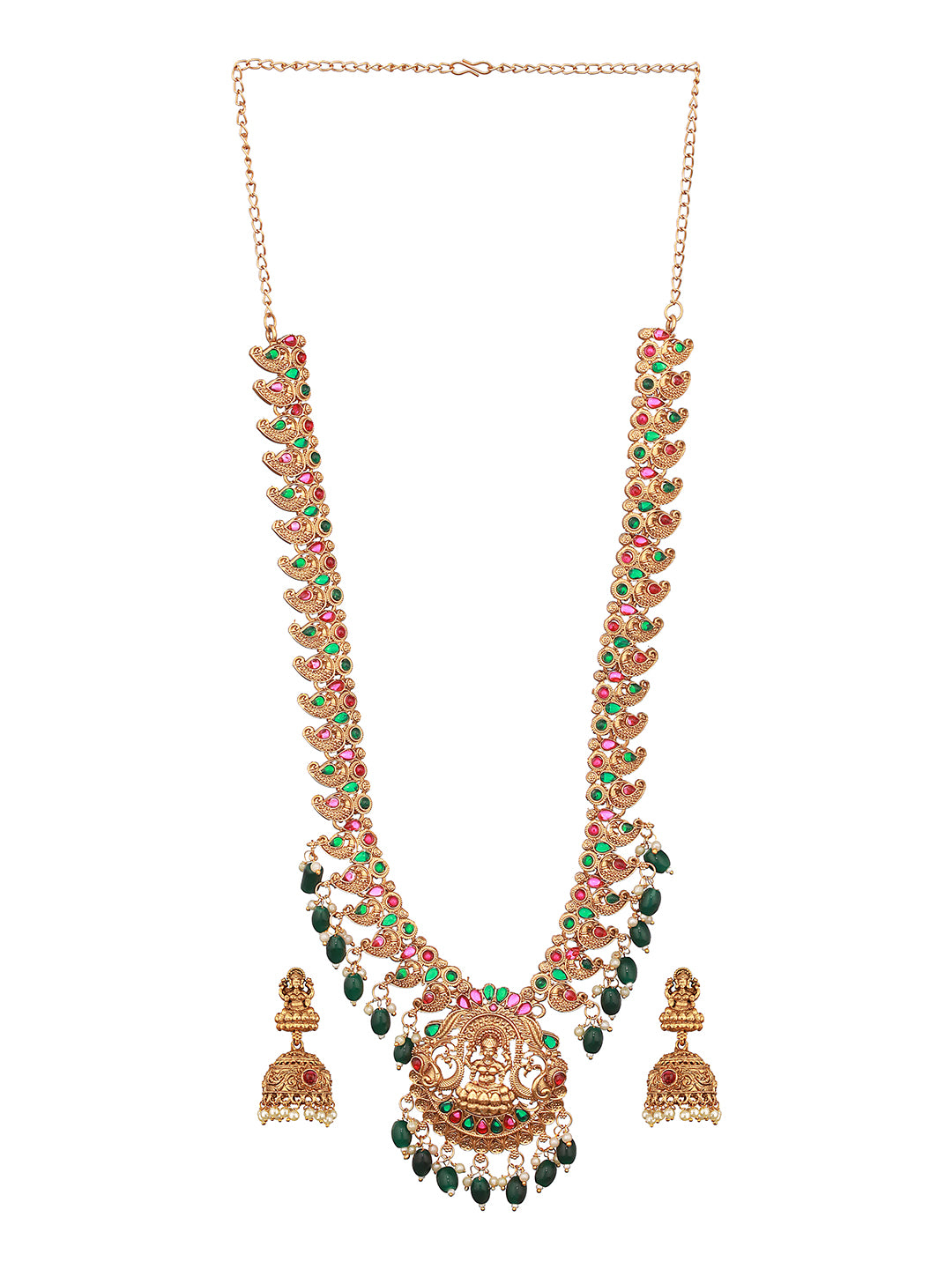 Set Of 2 Green Kemp Stone Studded & Beaded Gold-Plated Peacock Shaped Temple Choker Jewelry Set