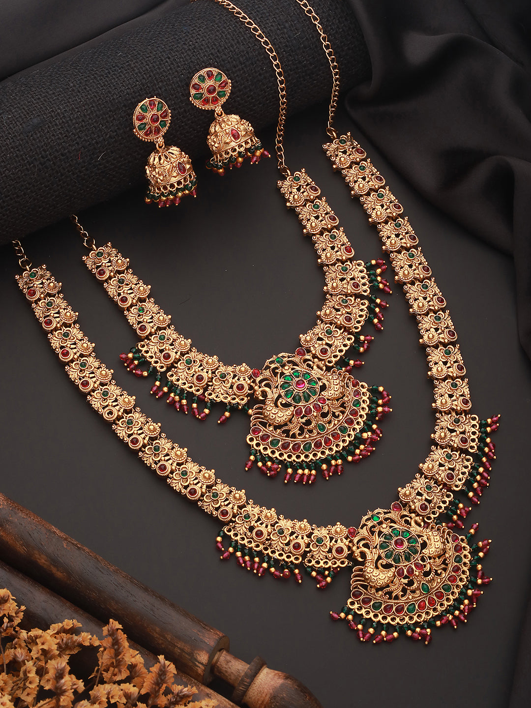 Set of 2 Green & Red Stone Studded & Beaded Gold-Plated Peacock Shaped Temple Choker Jewelry Set