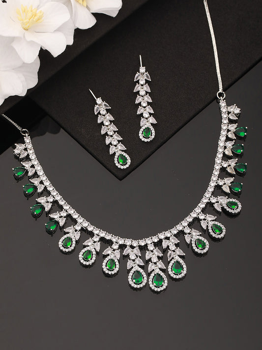 JAZZ AND SIZZLE Rhodium-Plated Green American Diamond Studded Handcrafted Jewelry Set - Jazzandsizzle