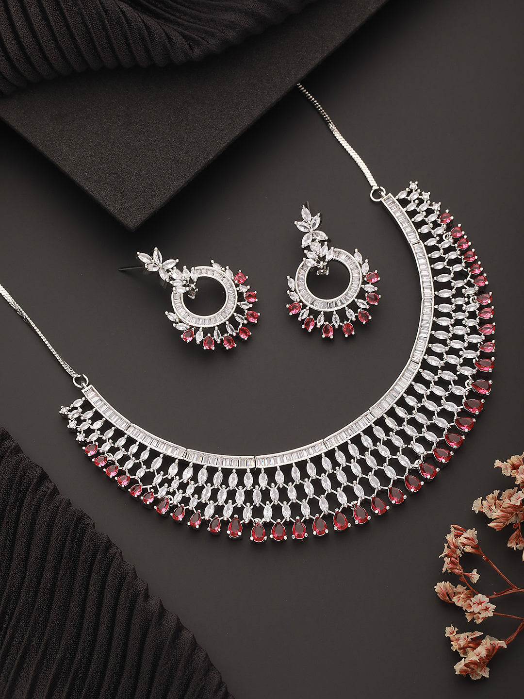 Jazz And Sizzle Silver Plated Red AD & CZ-Studded Contemporary Jewelry Set - Jazzandsizzle