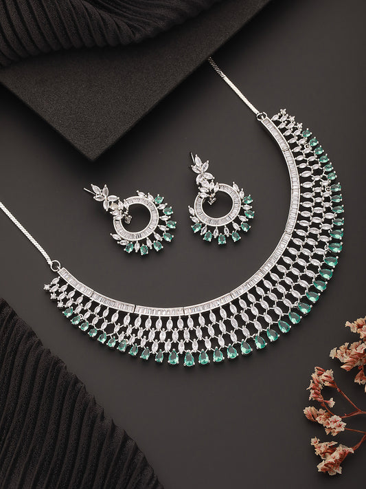 Jazz And Sizzle Silver Plated Green AD & CZ-Studded Contemporary Jewelry Set - Jazzandsizzle