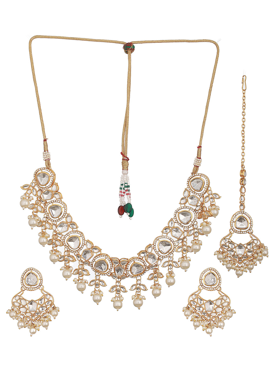 Gold Plated Zircon Stone Studded & Pearl Beaded Jewelry Set