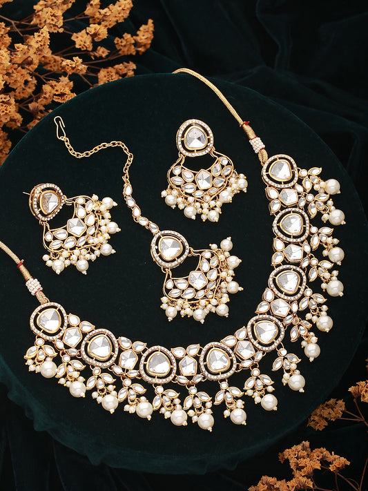 Gold Plated Zircon Stone Studded & Pearl Beaded Jewelry Set