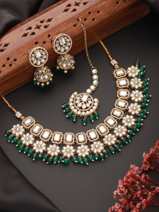 Jazz And Sizzle Gold Plated & Kundan Studded Green Jewelry Set With Maangtikka - Jazzandsizzle