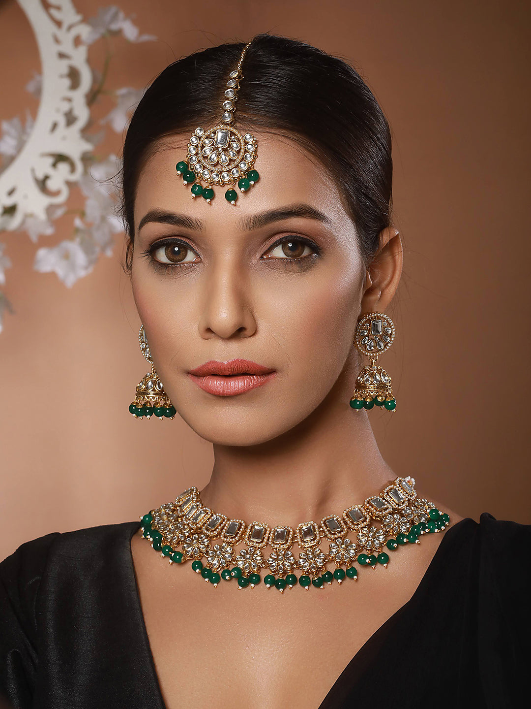 Gold Plated & Kundan Studded Green Jewelry Set With Maangtikka