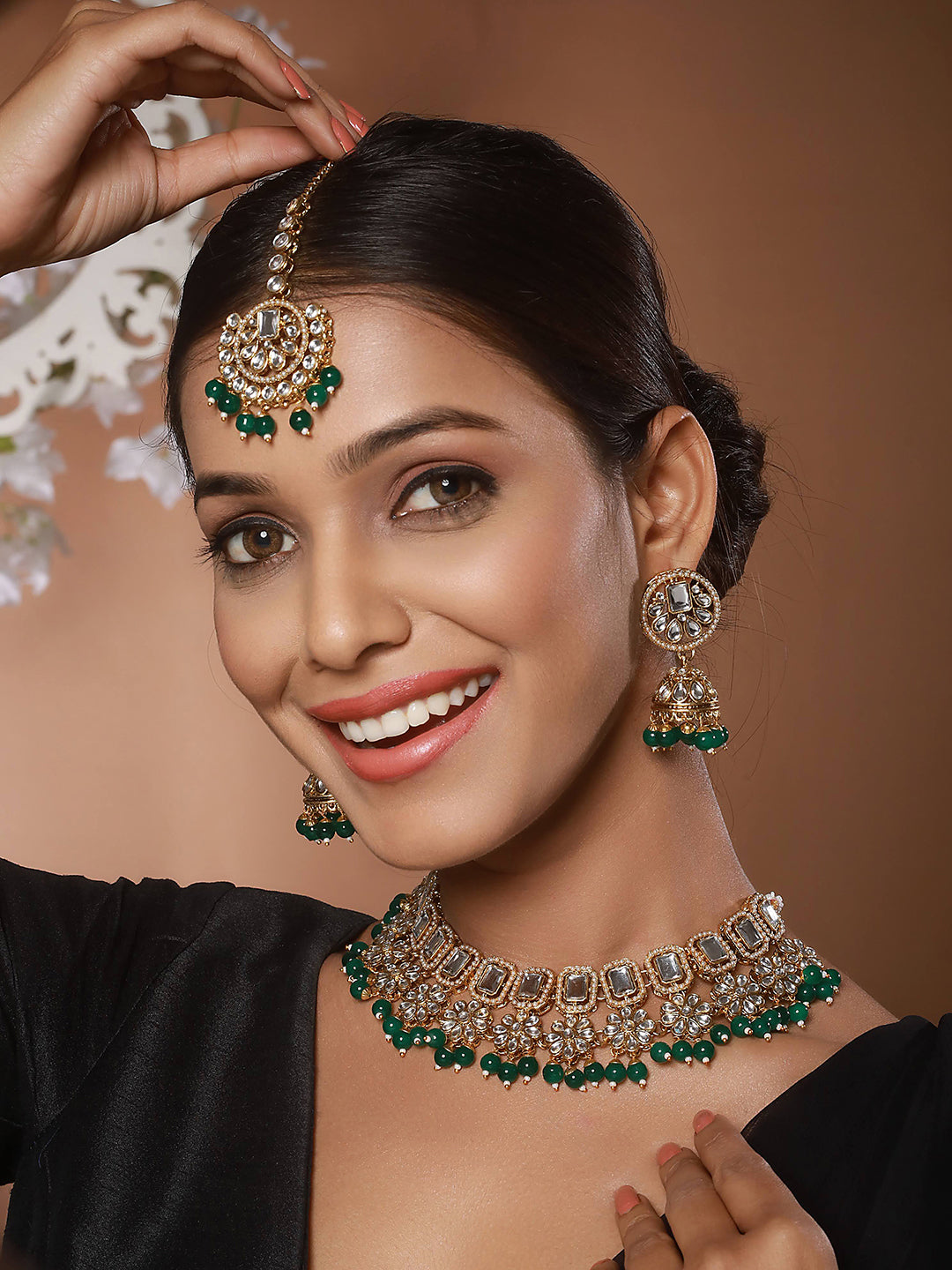 Gold Plated & Kundan Studded Green Jewelry Set With Maangtikka