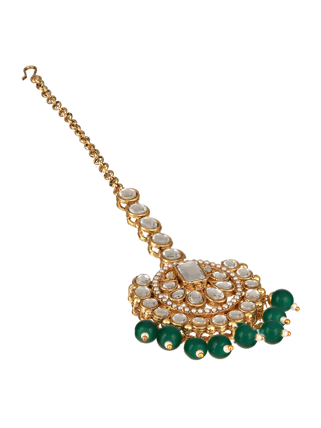 Gold Plated & Kundan Studded Green Jewelry Set With Maangtikka