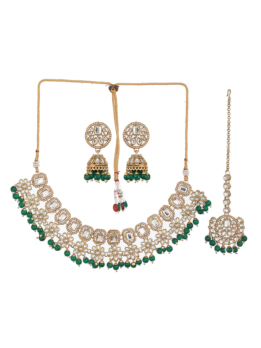 Jazz And Sizzle Gold Plated & Kundan Studded Green Jewelry Set With Maangtikka - Jazzandsizzle