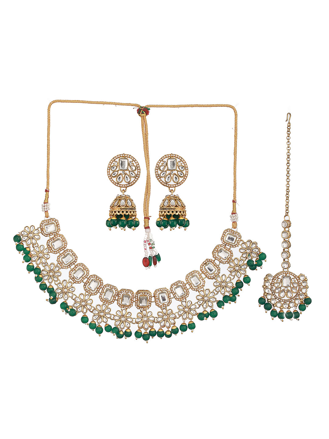 Gold Plated & Kundan Studded Green Jewelry Set With Maangtikka