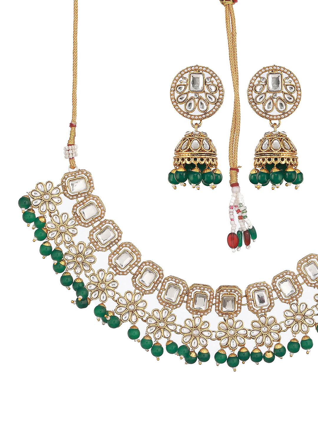 Gold Plated & Kundan Studded Green Jewelry Set With Maangtikka