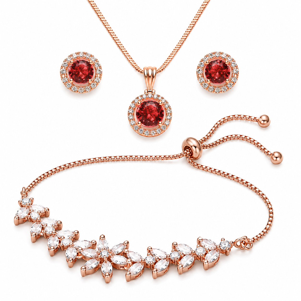 Rose Gold-Toned Red Crystal Pendant Necklace, Stud Earrings & Floral Bracelet Combo Set for Women-WJ-JS26-NL0181