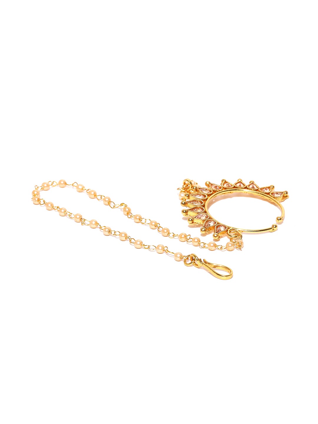 Gold-Plated Kundan Studded & Pearl Beaded with Chain Nath