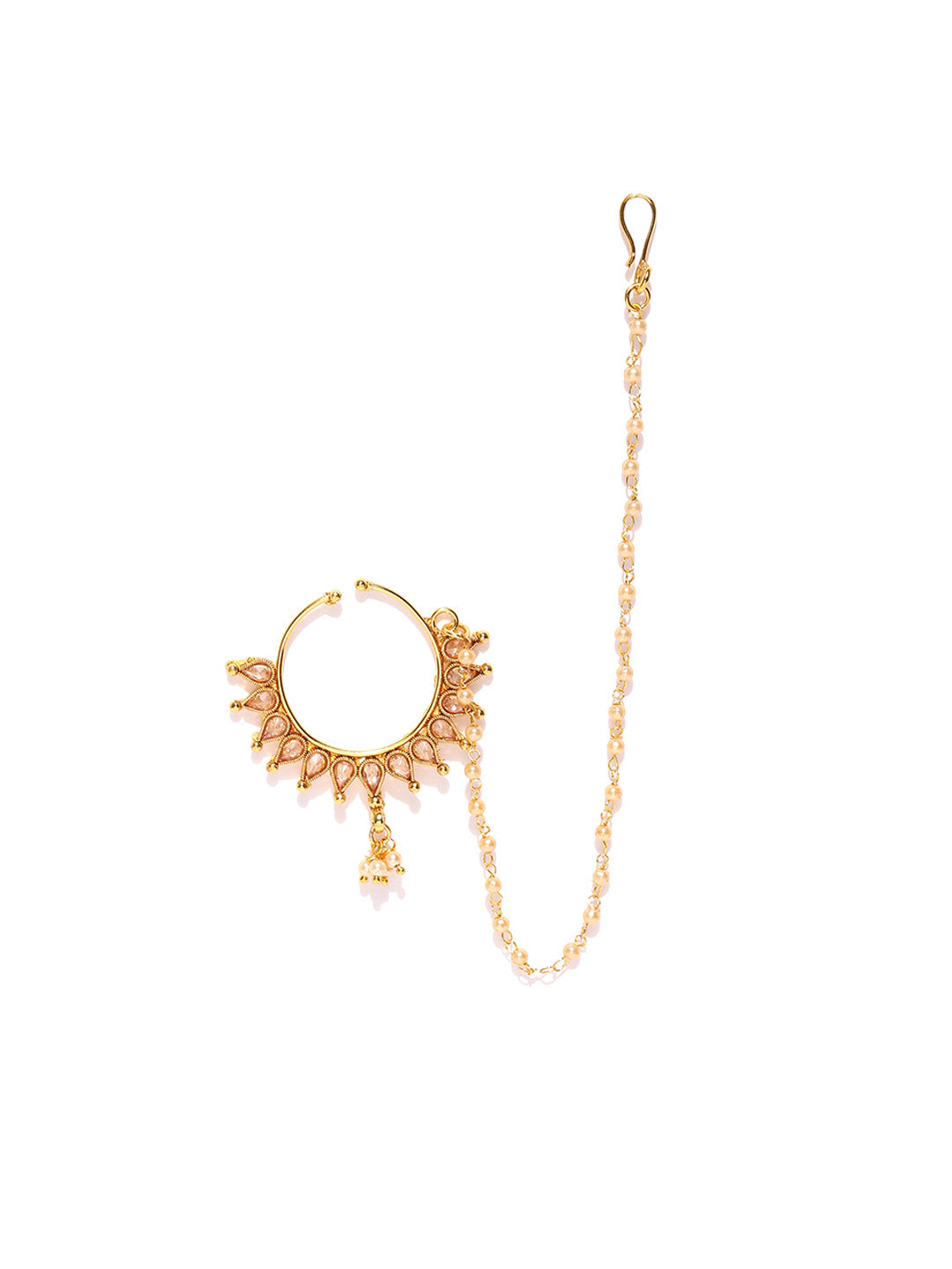 Gold-Plated Kundan Studded & Pearl Beaded with Chain Nath