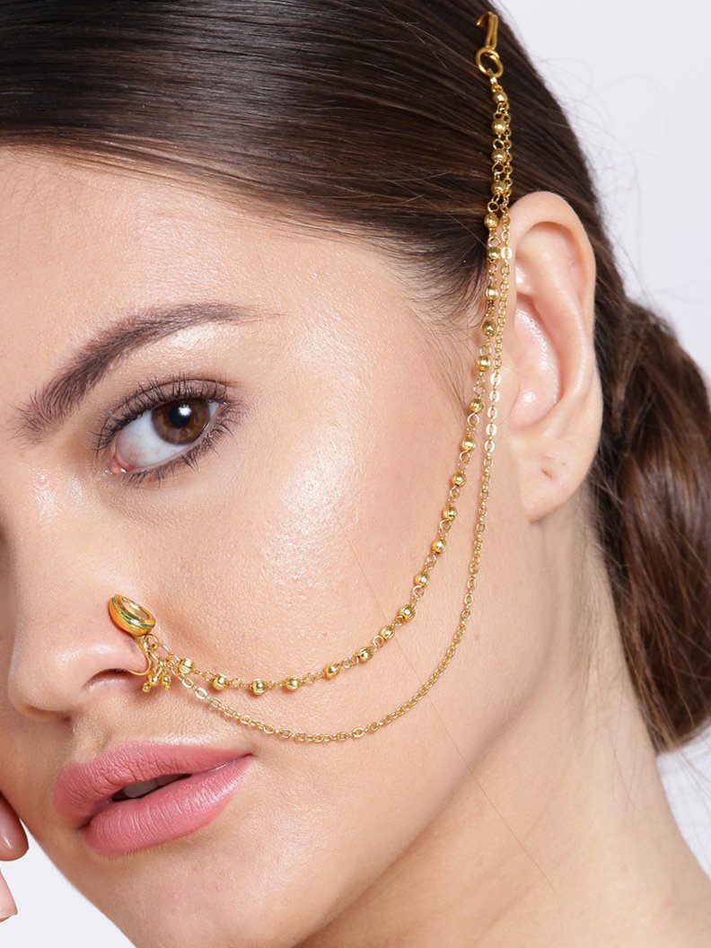 Set Of 2 Gold-Plated Kundan Studded &amp; Pearl Beaded with Chain Nath.