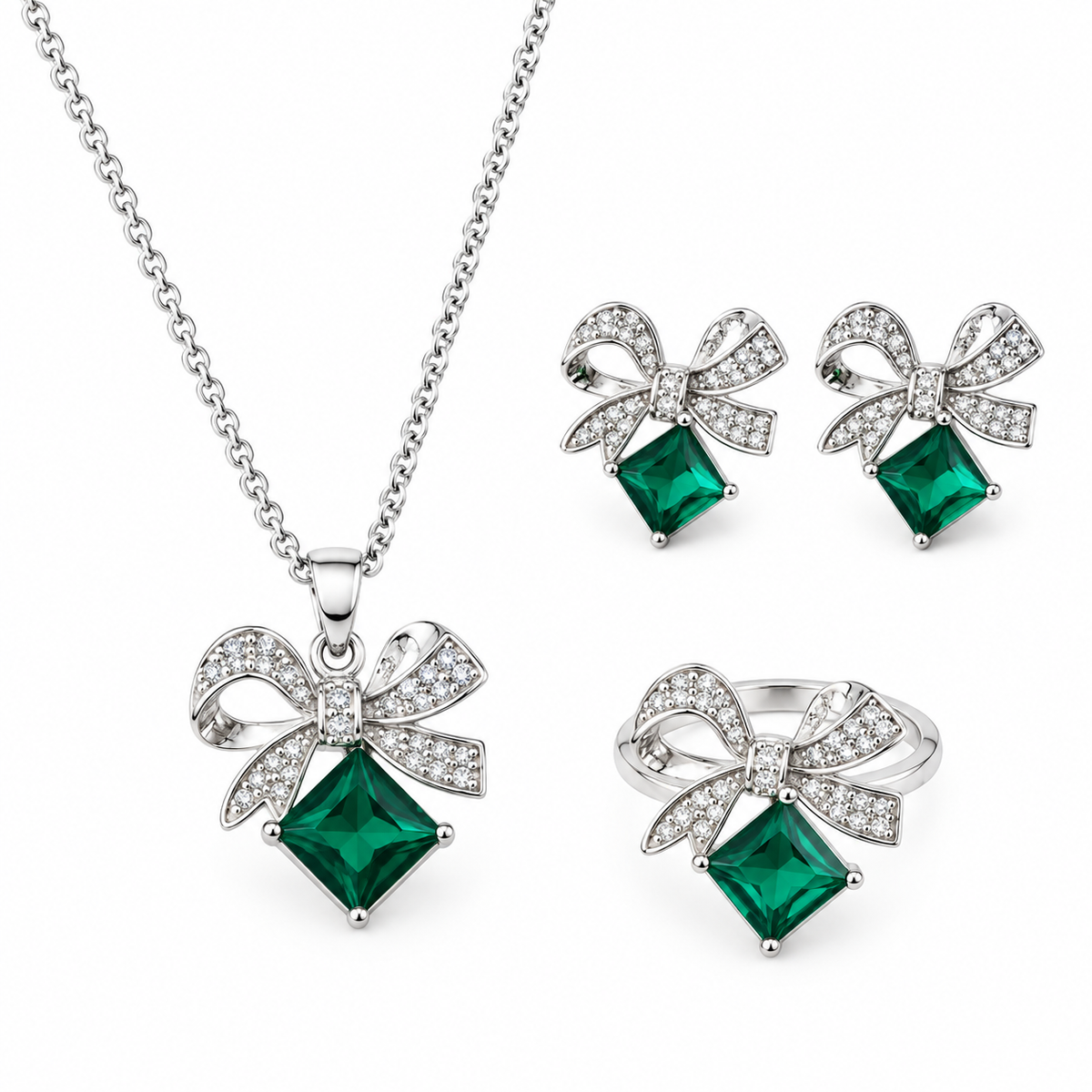 Green Bow Pendant Jewellery Set-WJ-JS26-NL0186