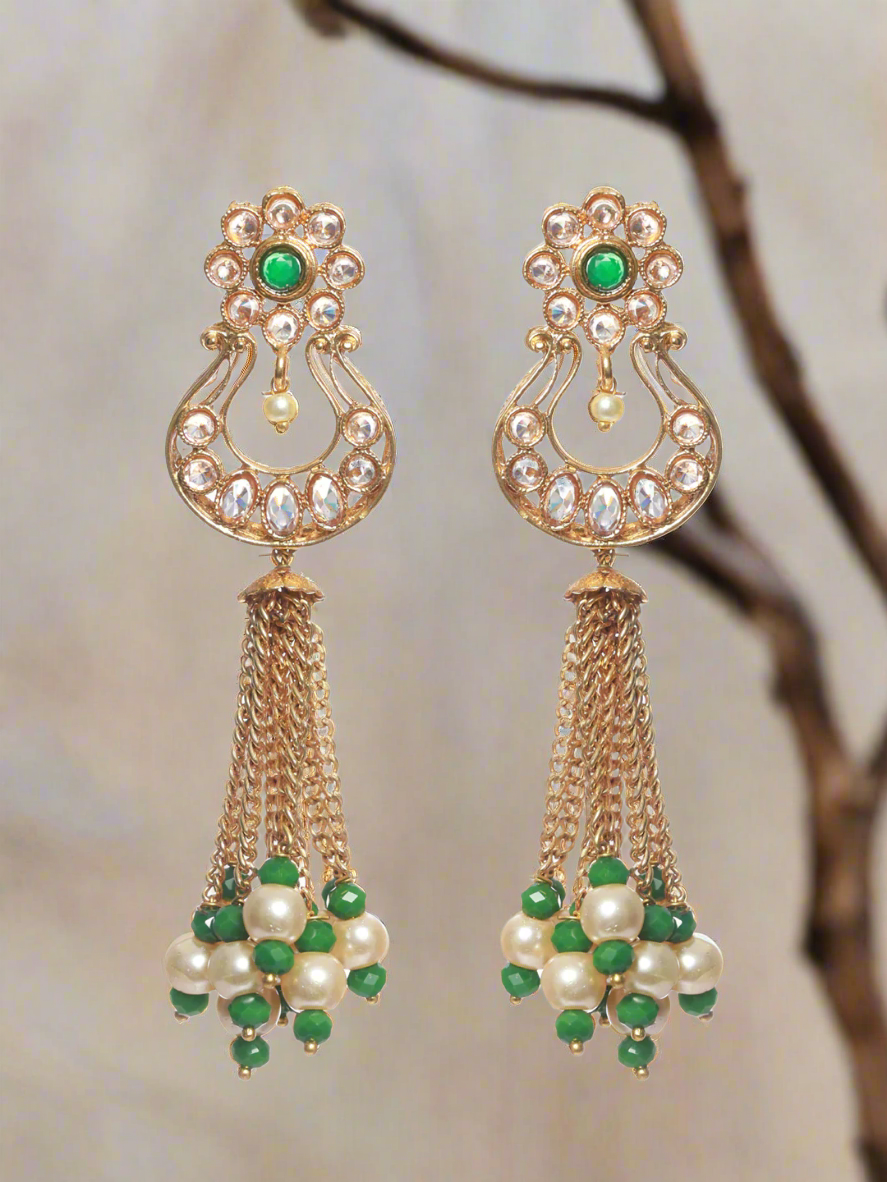 White & Green Classic Beads & Kundan Studed,Gold Plated Chandbali Earrings