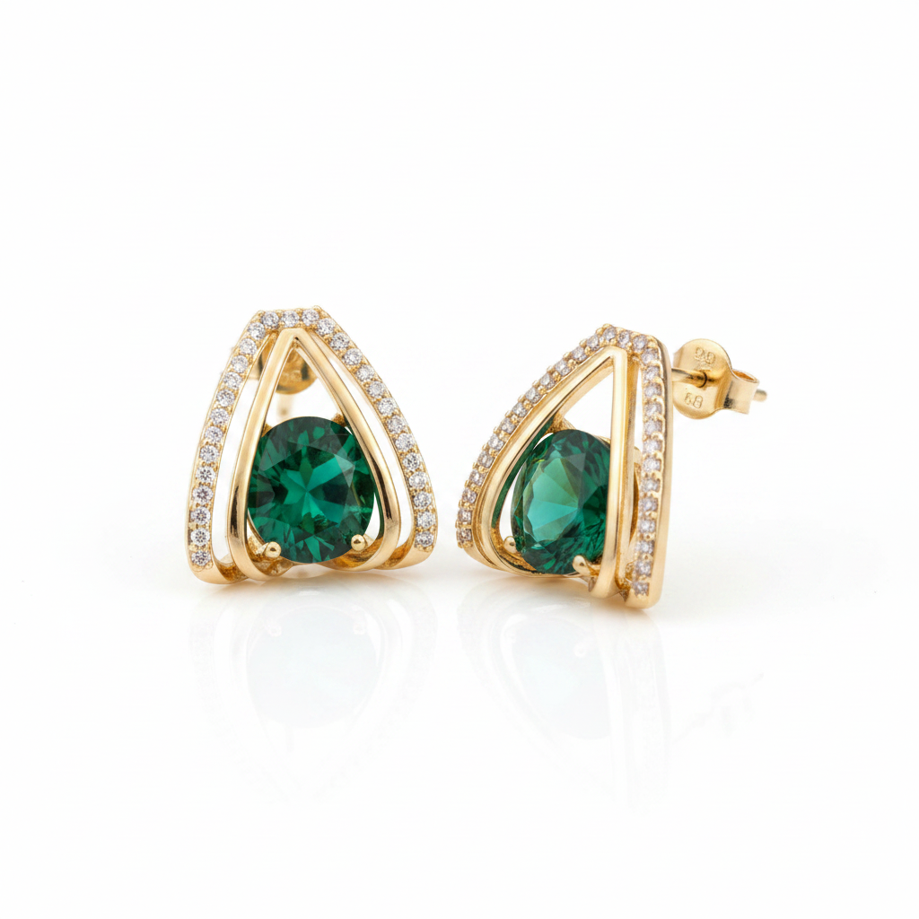 Jazz And Sizzle Green Gemstones & Zircons Gold Plated Stud Earrings