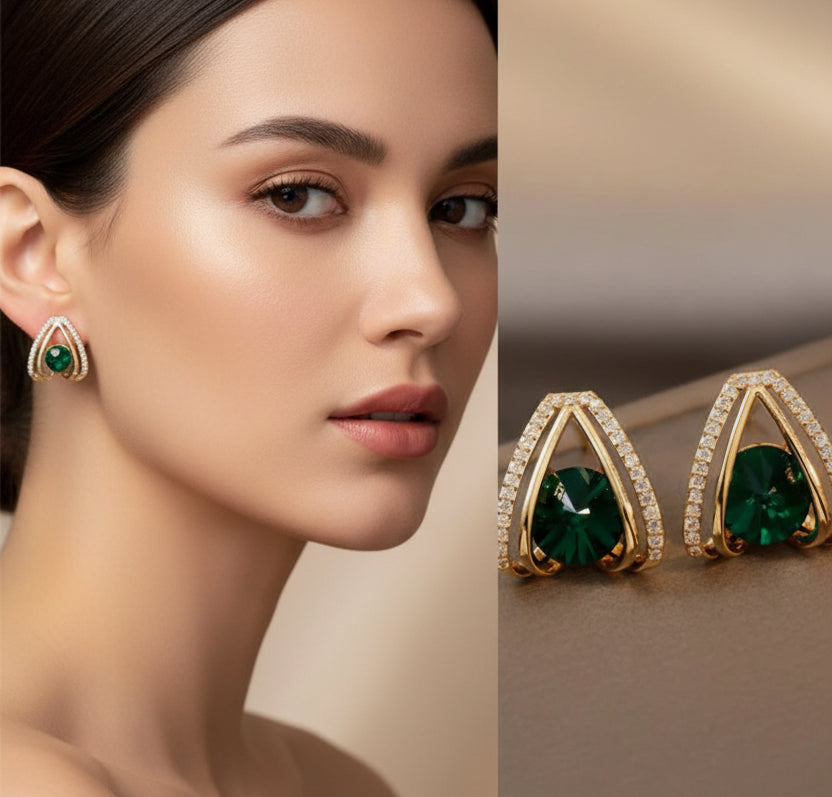 Jazz And Sizzle Green Gemstones & Zircons Gold Plated Stud Earrings