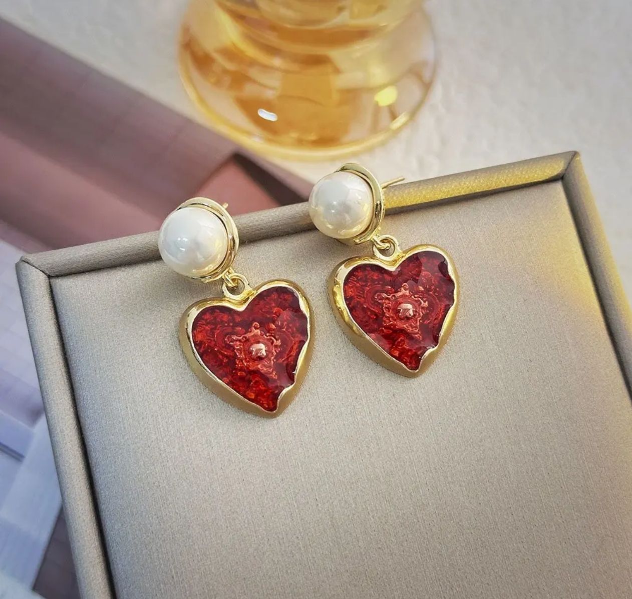 Gold-Plated Red Heart Pearl Dangle Earrings