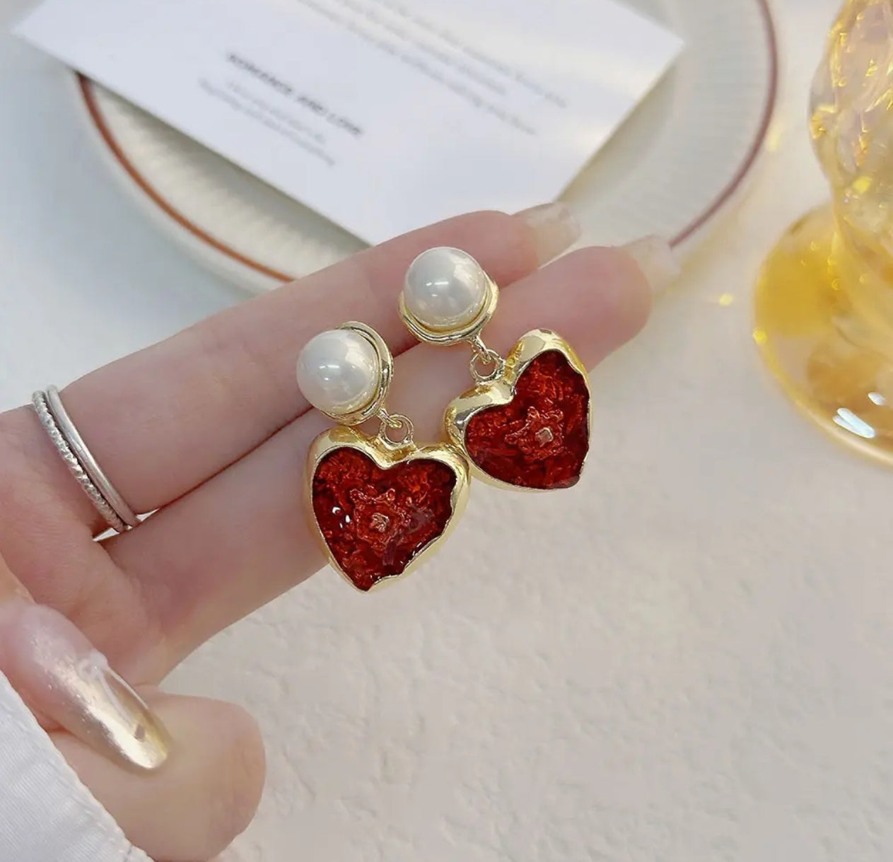 Gold-Plated Red Heart Pearl Dangle Earrings