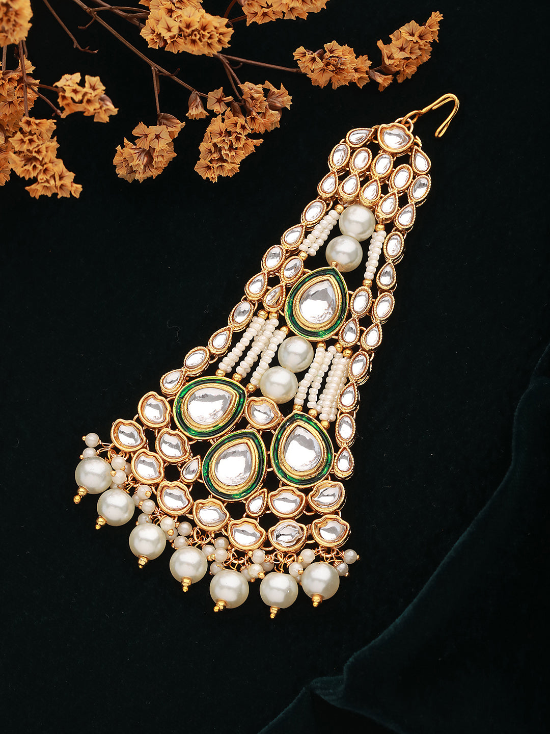 JAZZ AND SIZZLE Gold-Plated Green & White Kundan Studded & Pearl Beaded Jhumar Passa