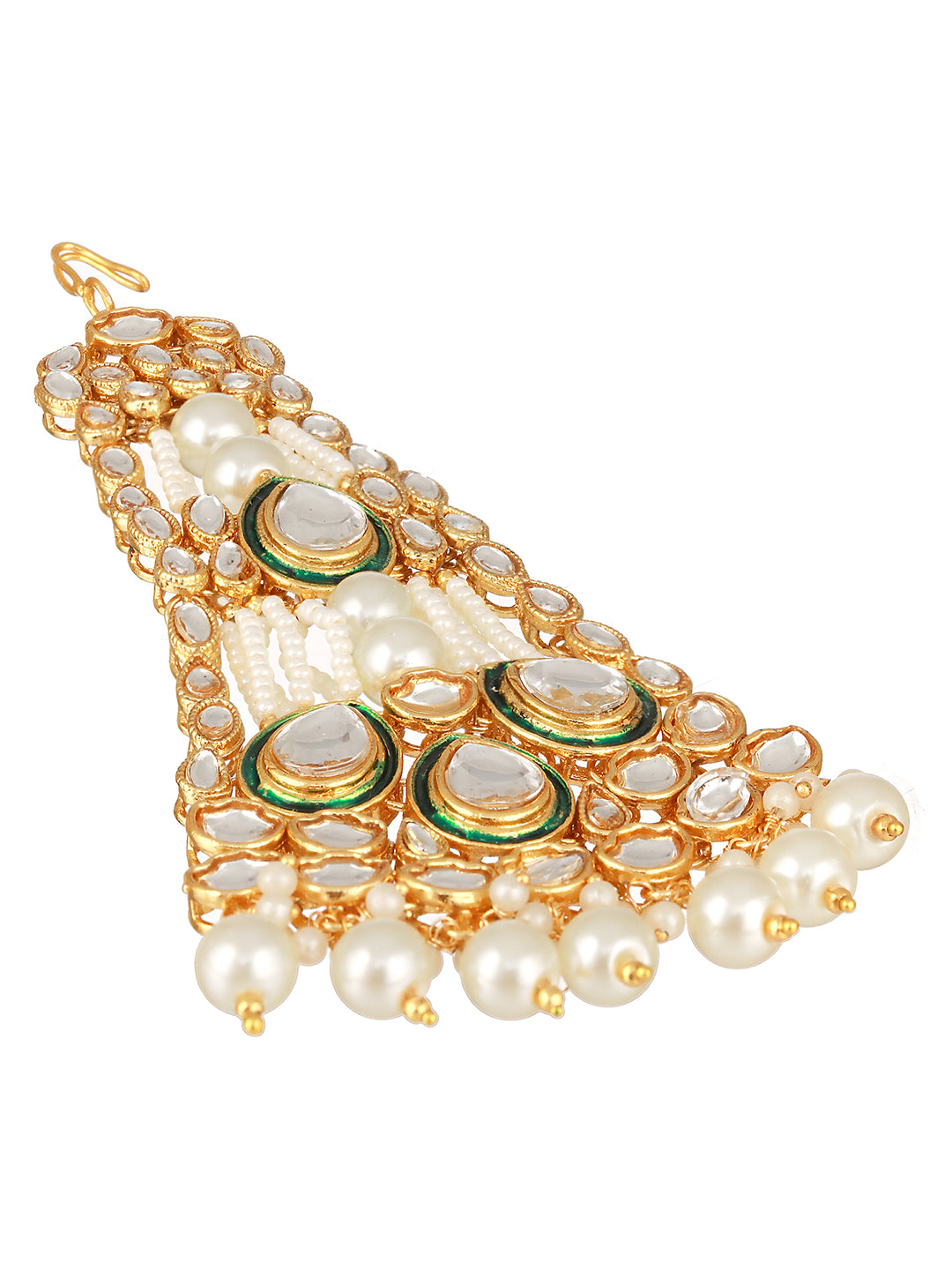 Jazz And Sizzle Gold-Plated Green & White Kundan Studded & Pearl Beaded Jhumar Passa