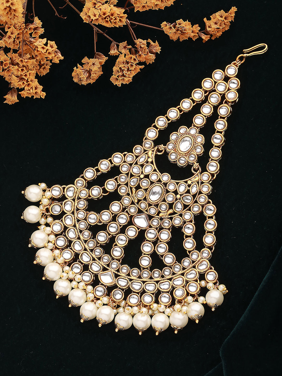 Jazz And Sizzle Gold-Plated & White Kundan Pearl Studded & Beaded Jhumar Passa