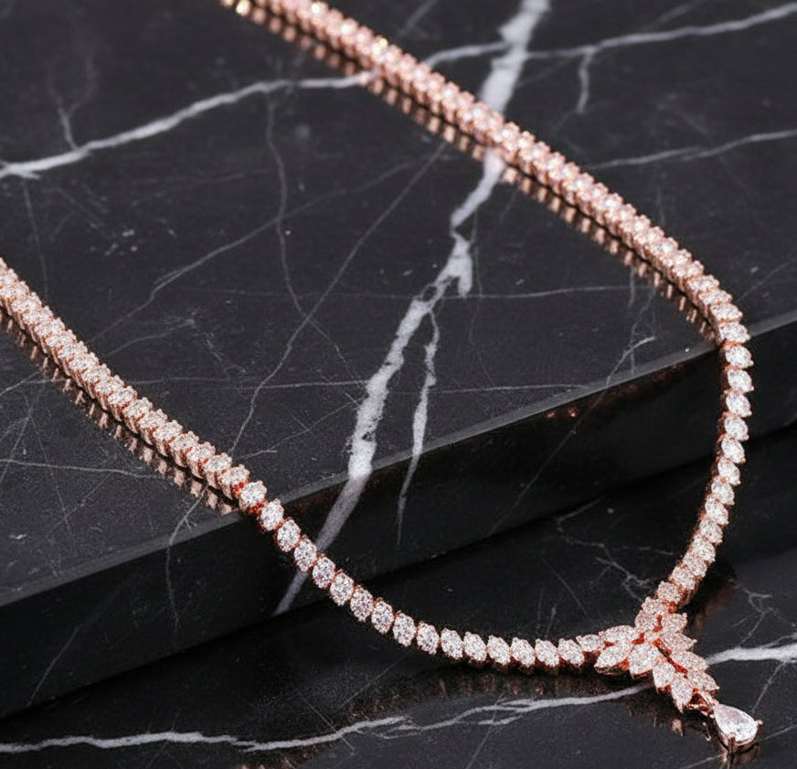 Jazz And Sizzle Rose Gold Bridal Floral Crystal Drop Necklace Heartfall Crystal Drop Necklace