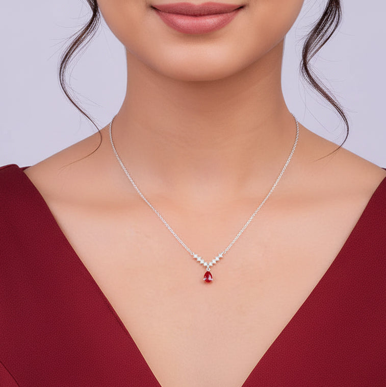 Jazz And Sizzle Silver Plated With Red AD Stone Pearl Drop Pendant Chain