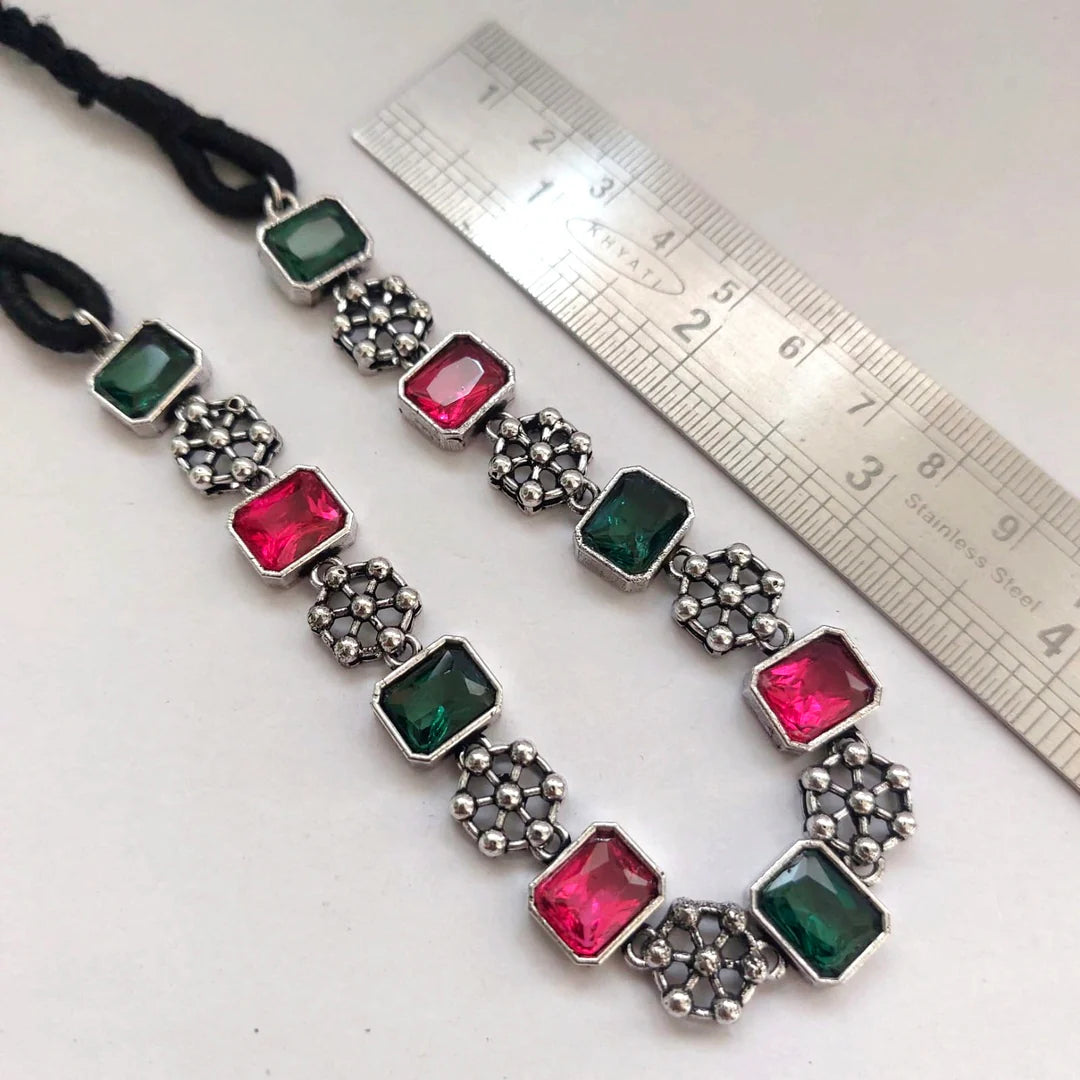 Ethnic Treasure : Green and Pink Stone Necklace and Earring Set