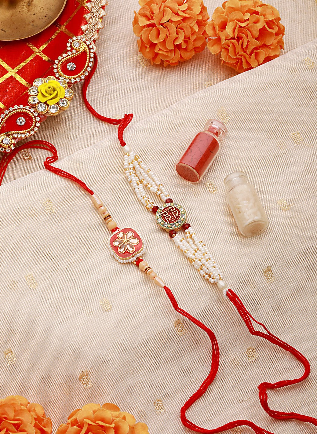 Set Of 2 Floral Multicolored Pearl Beaded And Meena Work Rakhi With Roli & Chawal