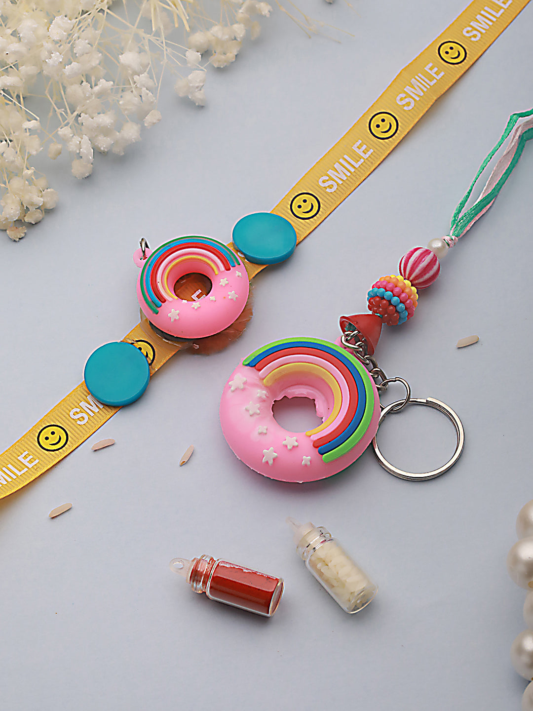 Set Of 2 Donut Key Chain Designer Kids Rakhi With Roli & Chawal