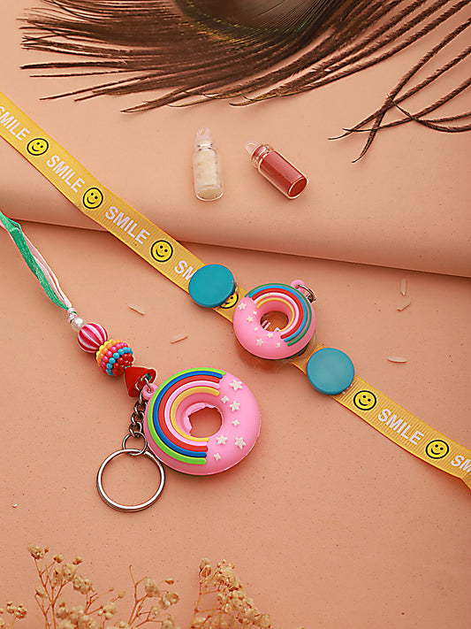 Set Of 2 Donut Key Chain Designer Kids Rakhi With Roli & Chawal