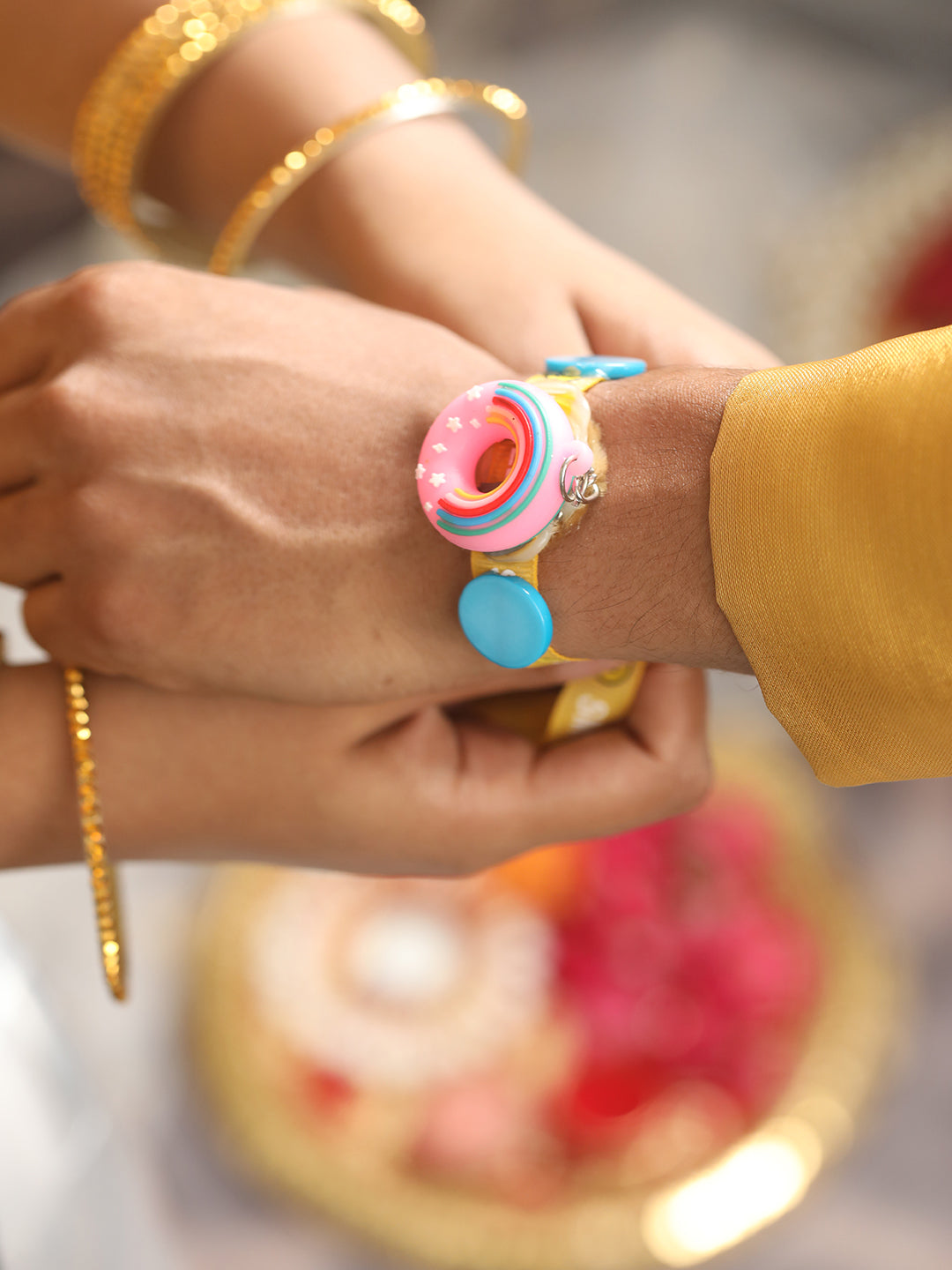 Set Of 2 Donut Key Chain Designer Kids Rakhi With Roli & Chawal