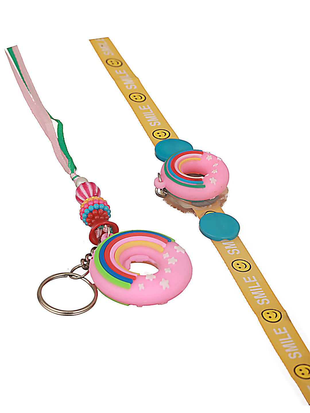 Set Of 2 Donut Key Chain Designer Kids Rakhi With Roli & Chawal