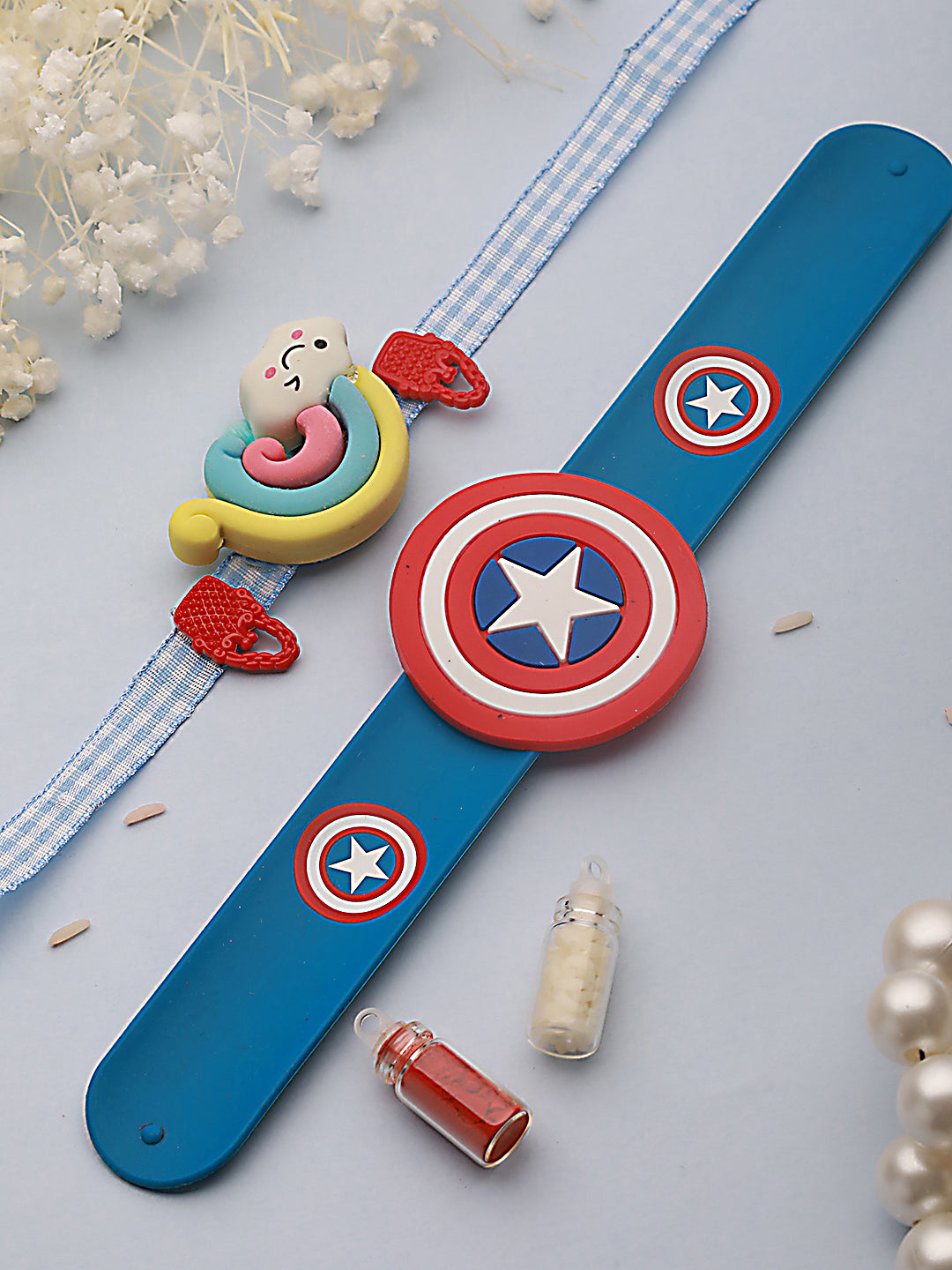 Set Of 2 Rainbow & Captain America Band Kids Rakhi With Roli &Chawal